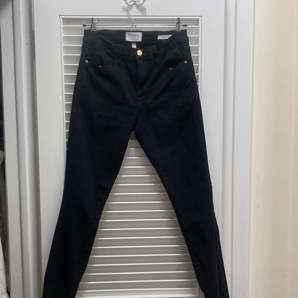 High waisted black skinny jeans with raw hem by frame
